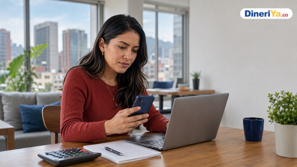 Mujer revisando una app de préstamos en Colombia antes de solicitar