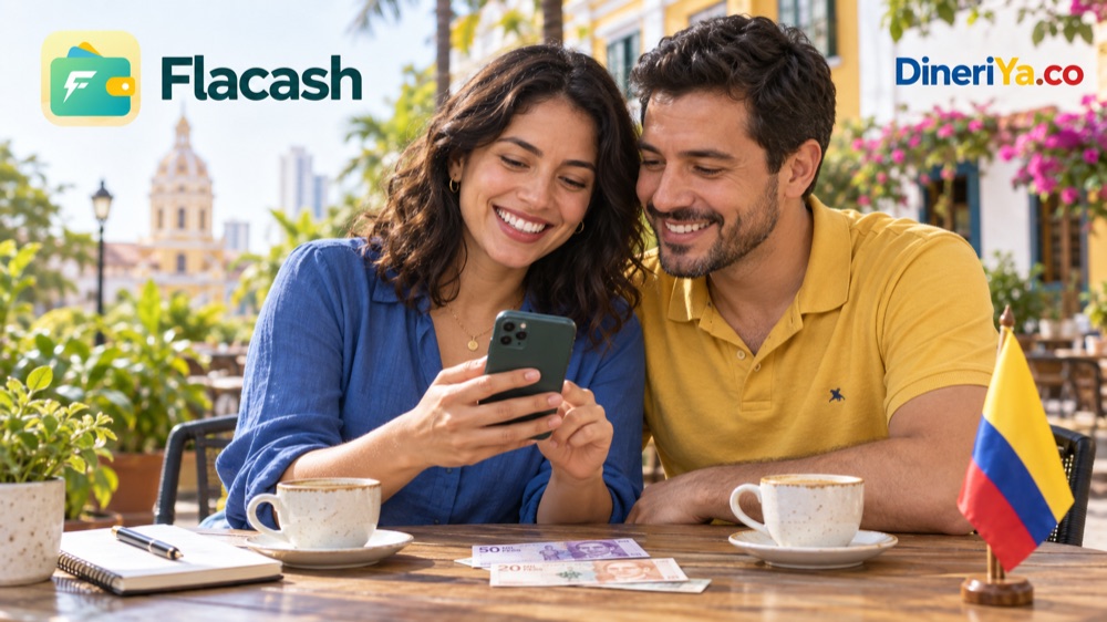 Pareja en una terraza de Colombia revisando un celular junto a pesos colombianos y la bandera nacional — Flacash